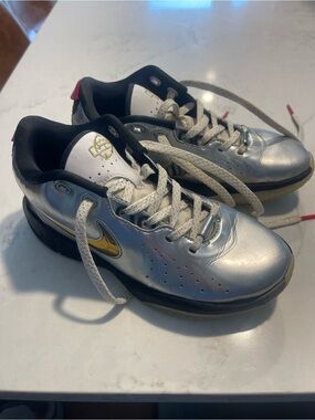 Nike Metallic Silver Low-Top Sneakers with Gold Swoosh and Black Accents